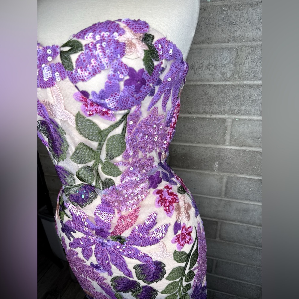 Bella Barnett Floral Sequin Strapless Maxi Dress Purple Embroidered Mesh M - Picture 9 of 13